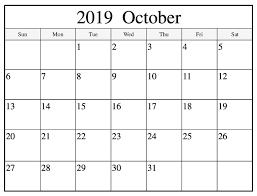 October Calendar 2019 Printable Template Free Download