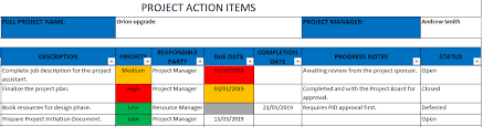 project actions template excel