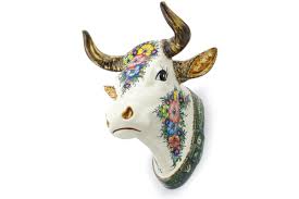 polish pottery bull head wall mount