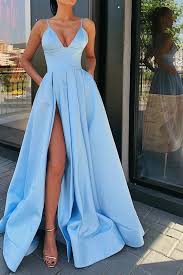 What is there to see and do near wtc/sol/brooklyn bridge/si ferry? Buy A Line Blue Satin Long Prom Dresses V Neck High Slit Formal Evening Dresses With Pockets Stg14992 Online Trendproms Me