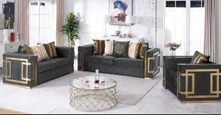 3 pcs sofas set black velvet and gold