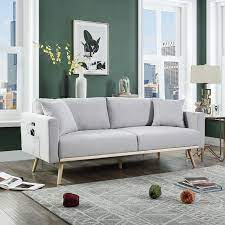 Lilola Home Easton Light Gray Linen Fabric Sofa With Usb Charging Ports Pockets Pillows