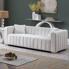 Modern 85 8 In Square Arm Velvet 3 Seater Rectangle Channel Sofa Traditional Chesterfield Sofa With Pillows In White