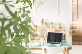 Blue modern home office swivel desk task chair armchair fabric accent chair dining chair. Laptop On Blue Desk With Cacti In Modern Home Office Interior With Plants White Furniture Stock Photo 196122434