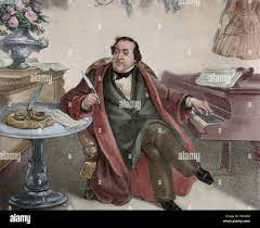 Gioacchino Rossini (Pésaro, 1792 - París, 1868). Compositor Italiano.  Rossini componiendo con la Hilfe del Piano. Grabado Del Siglo XIX.  Coloreado Stockfotografie - Alamy