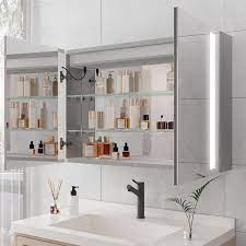 Modern 36 In W X 24 In H Silver Metal Framed Wall Mount Recessed Bathroom Medicine Cabinet With Mirror Led Anti Fog