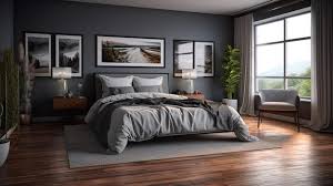 modern bedroom with grey bed cover