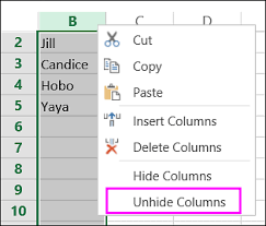 unhide the first column or row in a