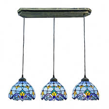 Blue Stained Glass Bronze Long Base Tiffany 3 Light Hanging Pendant Susuohome Com