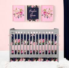 baby girl crib bedding in navy and pink