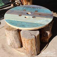 blue ombre spool patio table upcycle