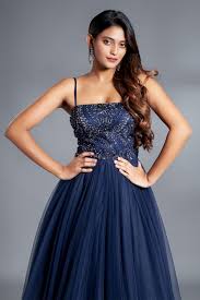navy blue clic tulle gown with a