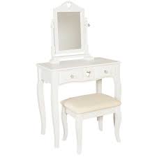 white vanity set with mirror and bench