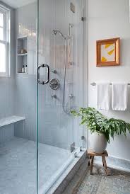 Shower With Blue Glass Vertical Tiles