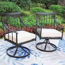 Phi Villa Black Metal Swivel Stripe Stylish Patio Outdoor Dining Chair With Beige Cushion 2 Pack