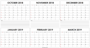 6 Month Calendar October To March 2019 Printable Template
