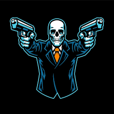 skull wearing suit aiming the guns