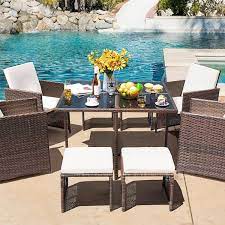 Brown 9 Piece Rattan Wicker Outdoor Dining Set With Washed Beige Cushion And Glass Table