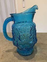 Vintage Blue Glass Pitcher Daisy Flower