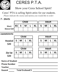 Ceres T Shirt Order Form Pta Ceres Elementary School