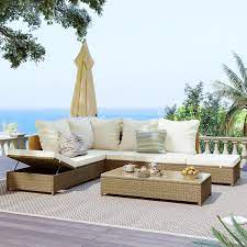 3 Piece All Weather Pe Wicker Outdoor Sofa Sectional Set With Beige Cushions And Adjustable Chaise Lounge