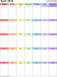 April 2016 Calendars For Word Excel Pdf