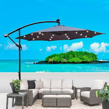 Tenleaf 10 Ft Steel Outdoor Solar Powered Led Lighted Sun Shade Market Patio Umbrella In Medium Grey