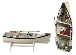 Unique and unusual seaside furnishings, nautical furniture and maritime themed gifts for home, garden or boat including model wooden ships and tin ships, ships lanterns, ships clocks, table lamps, telescopes, ships wheels and globes. Nautical Dory Rowboat Coffee Table And Bookshelves The Boat Smith