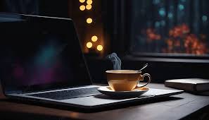 a laptop and cup of coffee on desk with