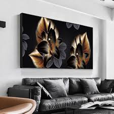 Abstract Grey Black Gold Leaves Canvas