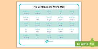Word Mat Contractions Grammar Ks2