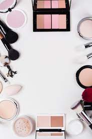 top view of makeup on desk concept with