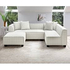 Handy Living Yara 3 Piece Heather Gray Houndstooth Linen Fabric 4 Seater L Shaped Right Facing Sectional Sofa With Ottoman