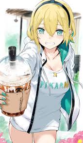 hews, amano pikamee, voms, commentary, highres, 1girl, aqua eyes, aqua  hair, aqua nails, blonde hair, blush, breasts, bubble tea, cleavage,  clothes writing, cup, disposable cup, dress, drinking straw, flower,  giving, grin, hair