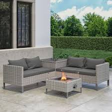 Grey Rattan Garden Corner Sofa Set With