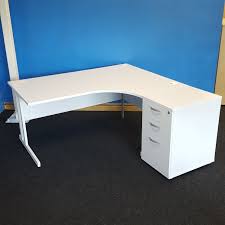 When selecting your white corner desk with shelves, consider the size of your office space and how much of the room you're willing to devote to this unit. Used White Office Desk Pedestal Corner Radial Shape Modern New