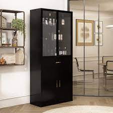 Black Glass Doors Wood Storage Cabinet