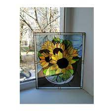 sunflowers in vase stained glass panel