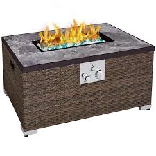 Brown Rectangular Wicker Fire Pit Table