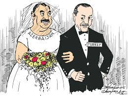 Ashtarak Selaniki - Ilham Aliyev and Recep Tayyip Erdoğan as couple. Cartoon by Massis Araradian, published in Asbarez, the Dashnakian daily of Los Angeles, on August 5, 2005. Massis Araradian is a