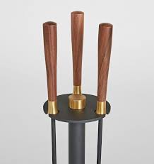 Brass Walnut Round Fireplace Tool Set