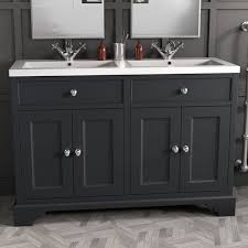 Both traditional double sink and modern twin basins with plenty of vanity storage drawers are on offer. 1200mm Grey Freestanding Double Vanity Unit With Basin Burford Better Bathrooms
