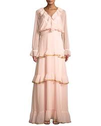 Twxm6 Mikael Aghal Golden Trimmed Long Sleeve Ruffle Gown