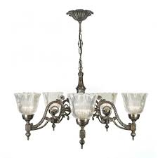 Aged Brass Chandelier With Halophane Shades