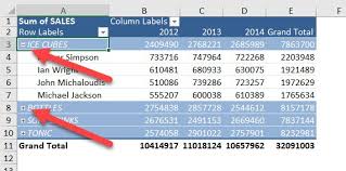collapse ons in excel pivot tables