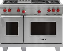wolf df484cg 48 inch pro style dual fuel range with 4 dual stacked sealed burners 4 5 cu ft dual convection main oven self clean infrared griddle