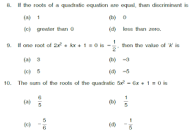 Quadratic Equations Class X Worksheet