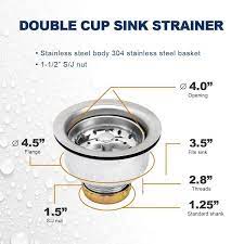 the plumber s choice 3 1 2 in 4 in kitchen sink stainless steel drain embly with strainer basket stopper double cup design grey ess5157