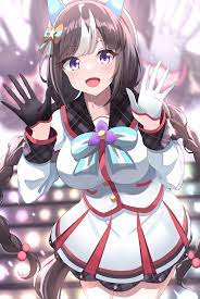 hokko tarumae (umamusume), umamusume, commentary, highres, 1girl, animal  ears, blush, braid, breasts, collarbone, gloves, guram, hat, horse ears,  horse girl, horse tail, large breasts, looking at viewer, open mouth,  ribbon, solo, stage,
