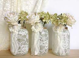 3 ivory lace covered jar vases bridal